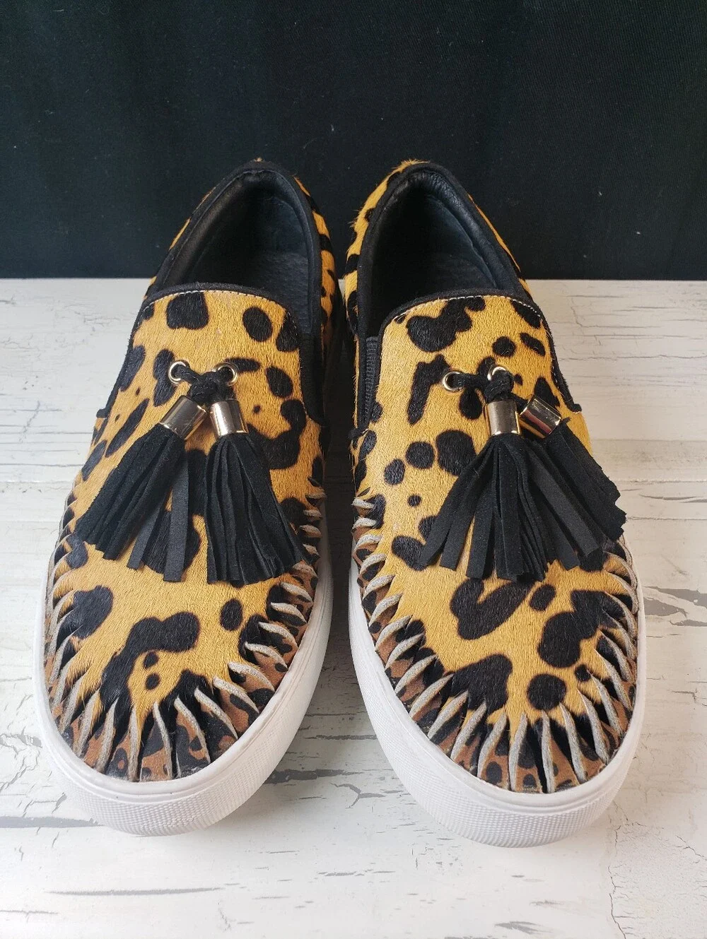 J/Slides NYC Aztec Leopard Print Calf Hair Slip-On Platform Sneakers - size 7.5